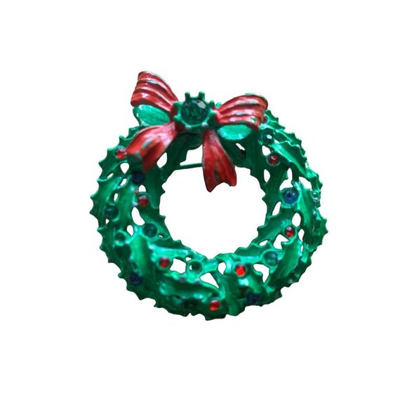 Vintage Holiday Wreath Brooch Green Red Blue Stones Pin 2" Diameter - Picture 4 of 7